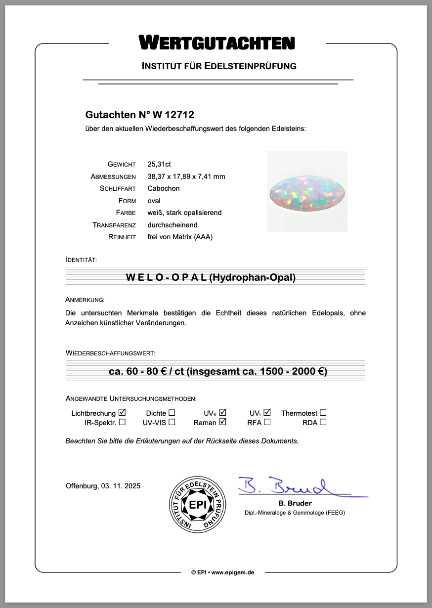 25,27 Karat, natürlicher äthiopischer Welo-Opal – mit deutschen Wertgutachten & zertifiziert